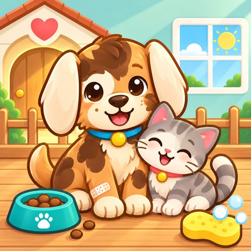 A happy puppy and kitten at the Happy Paws shelter