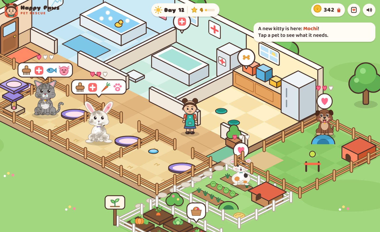 The Happy Paws shelter with pets in their pens, a bath, a vet room, a play yard and a veggie garden